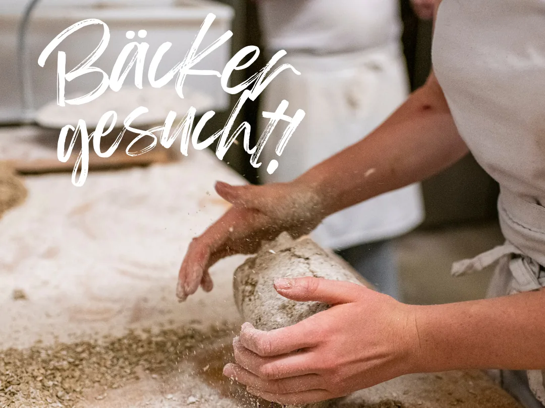 Zwei Hände formen einen Teigling auf einer mit Saaten bestreuten Fläche; darüber steht „Bäcker gesucht!“.