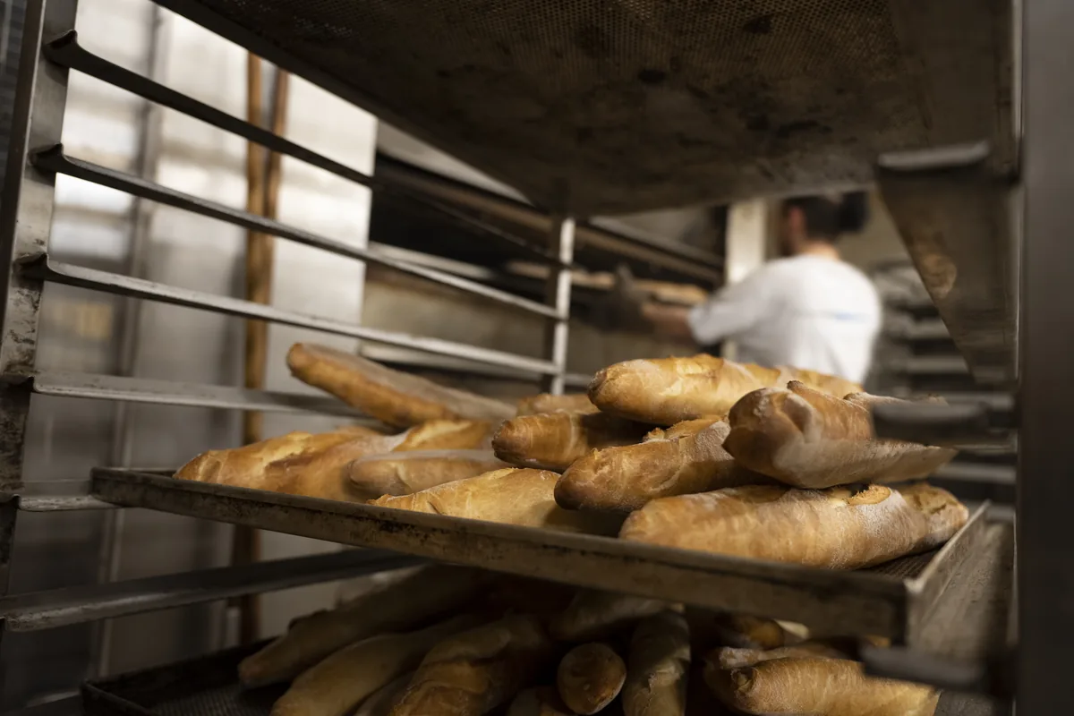 Baguettes auf Blechen in einem Gärwagen der Backstube.
