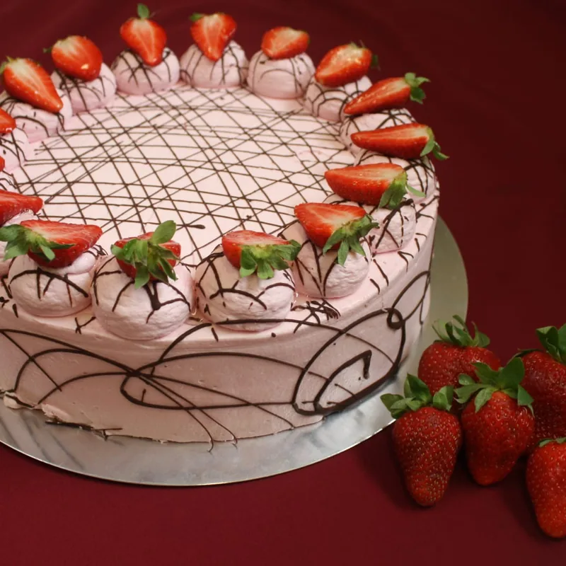 Eine rosafarbene Sahnetorte, die Oberfläche mit einem Schokoladengitter überzogen, am Rand Sahnetupfer mit je einer halbierten Erdbeere.